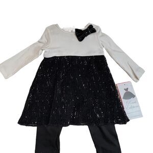 New Rare Editions White Black Sequin Long Sleeve Dress Black Leggings Baby 24M